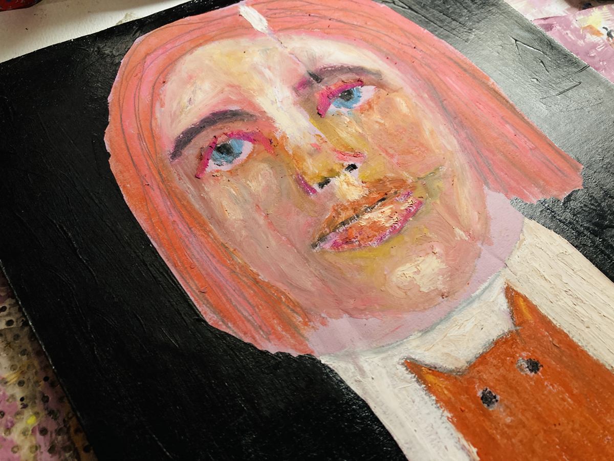 Woman & cat oil pastel portrait painting WIP by Katie Jeanne Wood