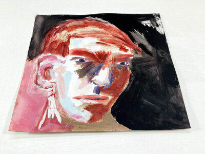 Mixed media portrait painting of a sad man who has self-doubts