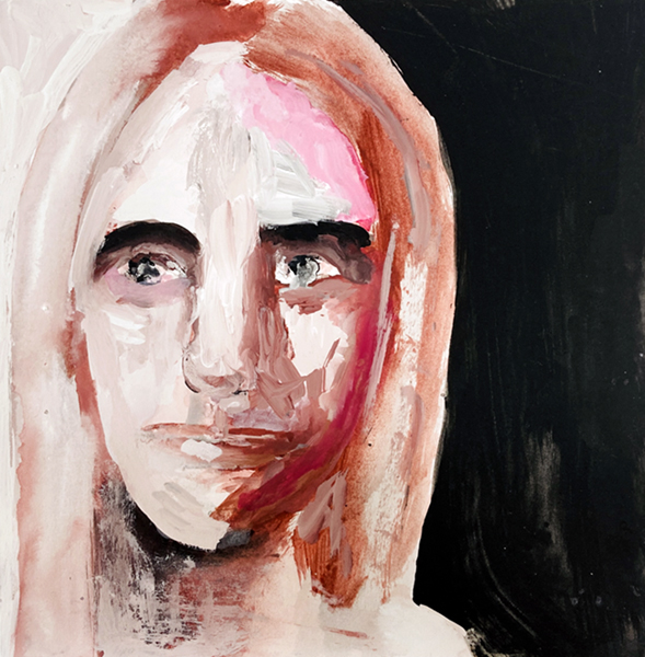 Mixed media portrait painting of a blonde woman with imperfections