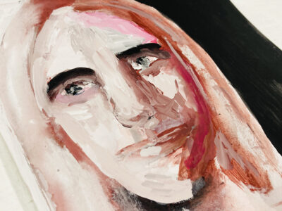 Mixed media portrait painting of a blonde woman with imperfections