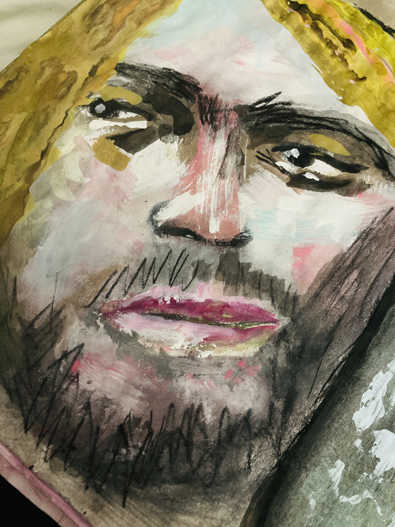 Painting a man with long blonde hair, beard & mustache in my art journal 