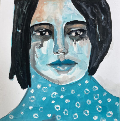 Blue portrait painting of a sad woman by Katie Jeanne Wood