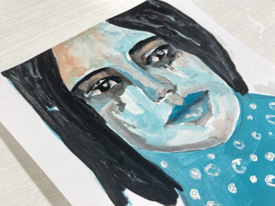 Blue portrait painting of a sad woman by Katie Jeanne Wood
