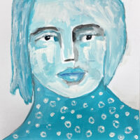 Teal gouache tonal portrait painting of a woman by Katie Jeanne Wood