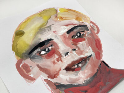 Gouache portrait painting of a blonde boy by Katie Jeanne Wood