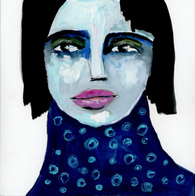 Gouache portrait painting of a woman wearing blue by Katie Jeanne Wood