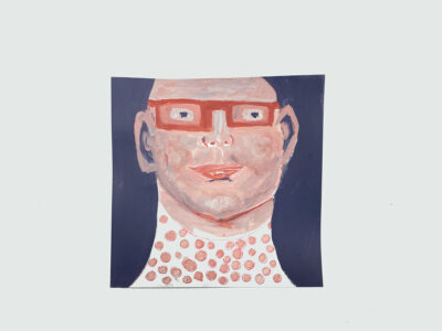 Gouache portrait painting of a bald man wearing red glasses by Katie Jeanne Wood