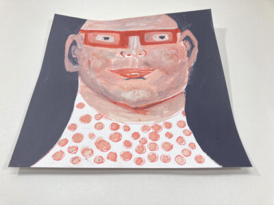 Gouache portrait painting of a bald man wearing red glasses by Katie Jeanne Wood