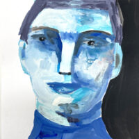 Blue tonal gouache portrait painting of a man by Katie Jeanne Wood