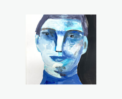 Blue tonal gouache portrait painting of a man by Katie Jeanne Wood