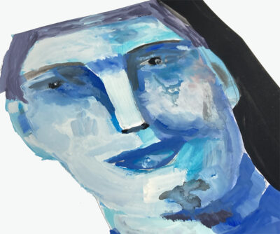 Blue tonal gouache portrait painting of a man by Katie Jeanne Wood