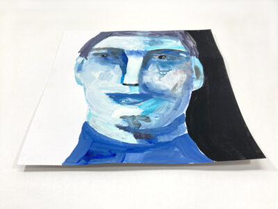 Blue tonal gouache portrait painting of a man by Katie Jeanne Wood