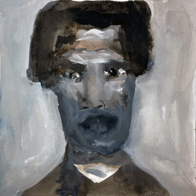 Black & white gouache portrait painting of a man with a beard by Katie Jeanne Wood