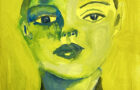 Yellow & green gouache portrait painting of a woman by Katie Jeanne Wood