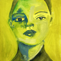 Yellow & green gouache portrait painting of a woman by Katie Jeanne Wood