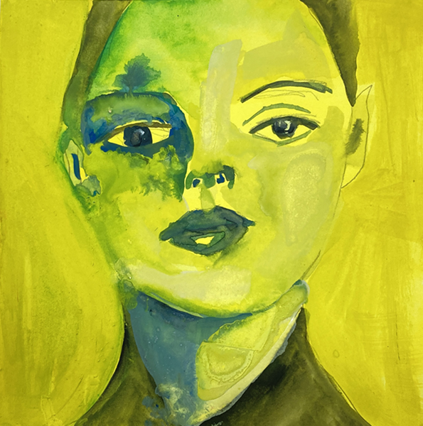 Yellow & green gouache portrait painting of a woman by Katie Jeanne Wood