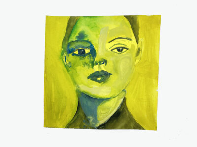 Yellow & green gouache portrait painting of a woman by Katie Jeanne Wood