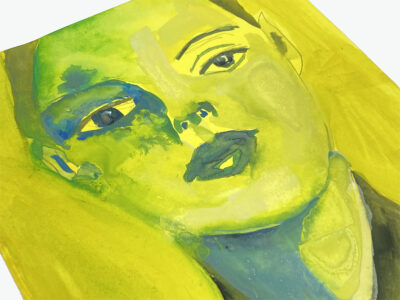 Yellow & green gouache portrait painting of a woman by Katie Jeanne Wood