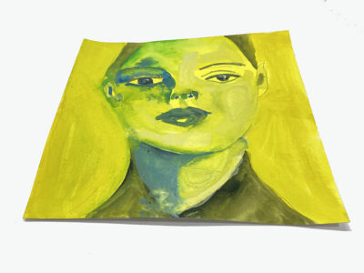 Yellow & green gouache portrait painting of a woman by Katie Jeanne Wood