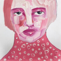 Pink tonal gouache portrait painting of a woman by Katie Jeanne Wood