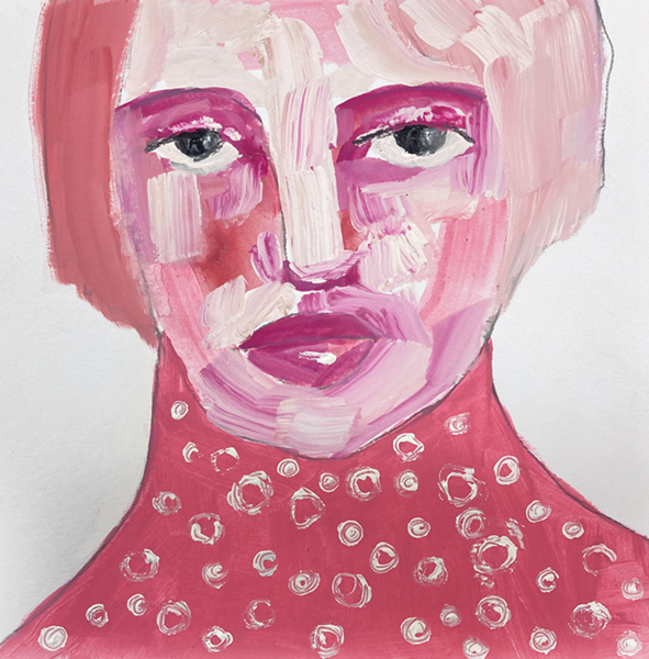 Pink tonal gouache portrait painting of a woman by Katie Jeanne Wood