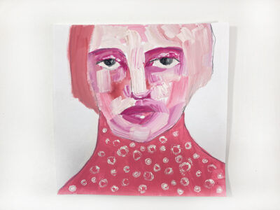 Pink tonal gouache portrait painting of a woman by Katie Jeanne Wood