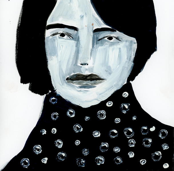 Black & white gouache portrait painting of a woman by Katie Jeanne Wood