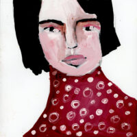 Gouache portrait painting of a woman wearing red by Katie Jeanne Wood
