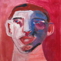 Red & blue gouache portrait painting of a man by Katie Jeanne Wood