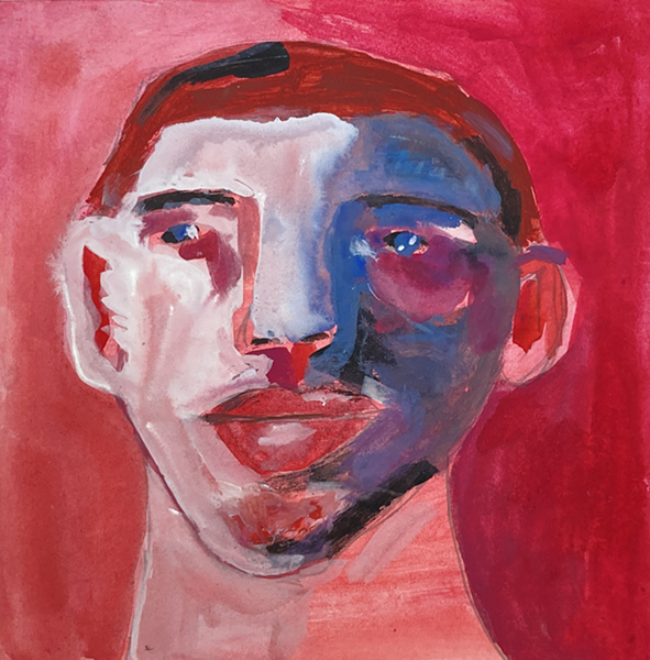 Red & blue gouache portrait painting of a man by Katie Jeanne Wood