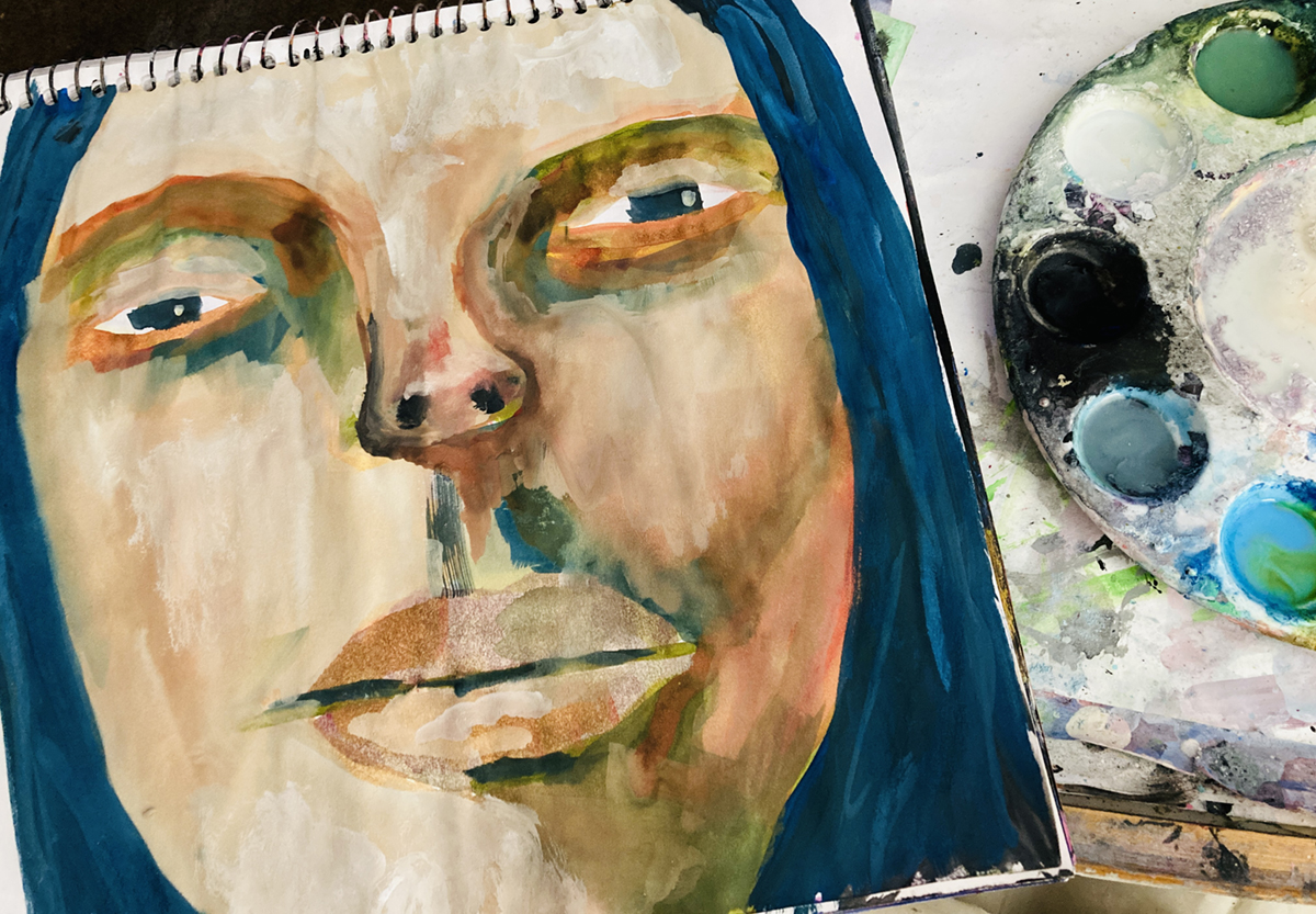 Art journal portrait painting page by Katie Jeanne Wood