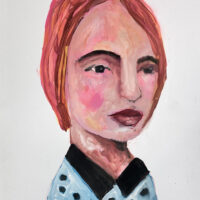 Gouache portrait painting of a woman having a moment to reflect by Katie Jeanne Wood