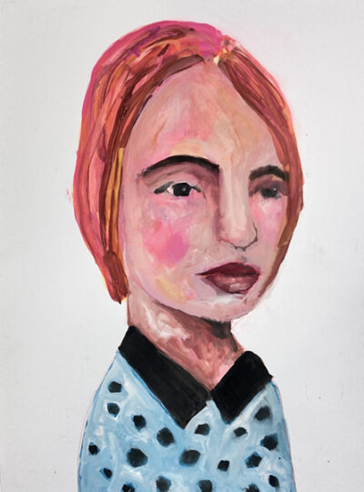 Gouache portrait painting of a woman having a moment to reflect by Katie Jeanne Wood