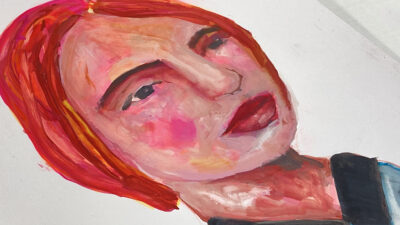 Gouache portrait painting of a woman having a moment to reflect by Katie Jeanne Wood