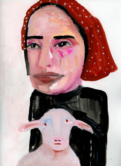 Annoyed Mary & her little lamb gouache painting by Katie Jeanne Wood