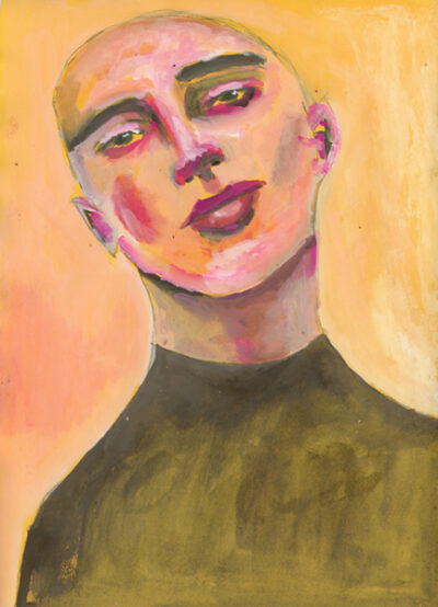 Gouache portrait painting of a man asking for kindness by Katie Jeanne Wood