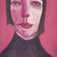 Expressive gouache portrait painting of a woman on pinkish red paper by Katie Jeanne Wood