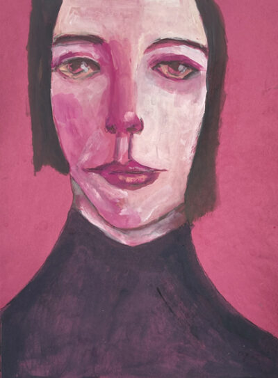 Expressive gouache portrait painting of a woman on pinkish red paper by Katie Jeanne Wood