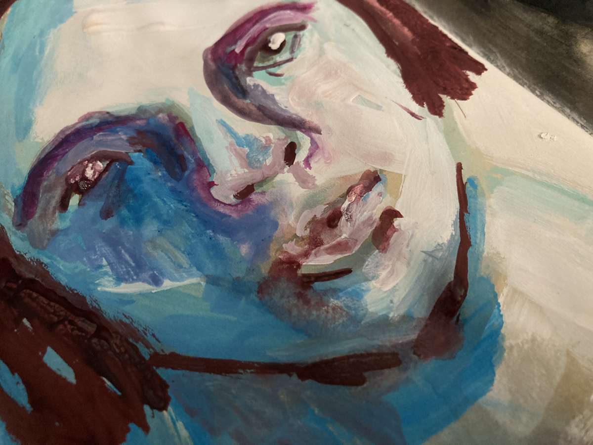 Blue portrait painting in gouache by Katie Jeanne Wood