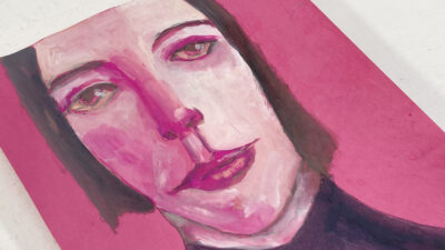 Expressive gouache portrait painting of a woman on pinkish red paper by Katie Jeanne Wood