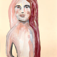 Gouache figure painting of a woman with long pink hair titled A Little Grace by Katie Jeanne Wood