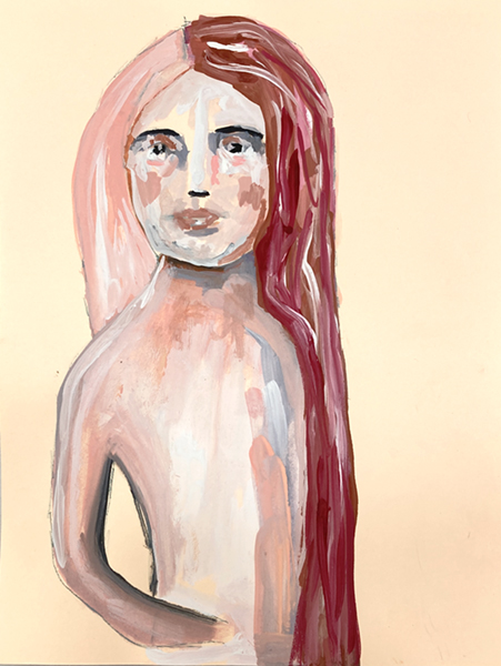 Gouache figure painting of a woman with long pink hair titled A Little Grace by Katie Jeanne Wood