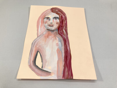 Gouache figure painting of a woman with long pink hair titled A Little Grace by Katie Jeanne Wood