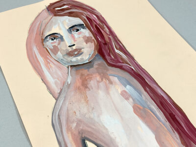 Gouache figure painting of a woman with long pink hair titled A Little Grace by Katie Jeanne Wood