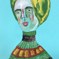 Gouache figure painting of a older woman titled Biscuit and a Teaspoon by Katie Jeanne Wood