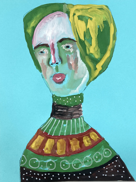 Gouache figure painting of a older woman titled Biscuit and a Teaspoon by Katie Jeanne Wood