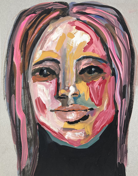 Gouache portrait painting of a woman with pink hair titled Enchantress by Katie Jeanne Wood