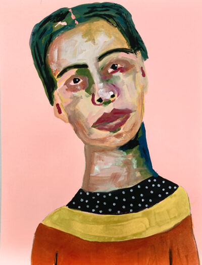 Gouache figure painting of a woman titled Emotional Baggage by Katie Jeanne Wood