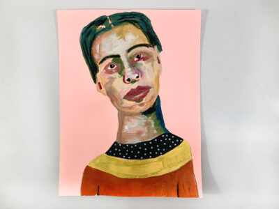 Gouache figure painting of a woman titled Emotional Baggage by Katie Jeanne Wood