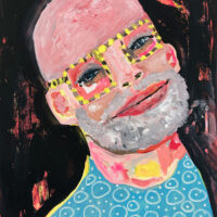 Gouache portrait painting of a man titled Happy Life by Katie Jeanne Wood